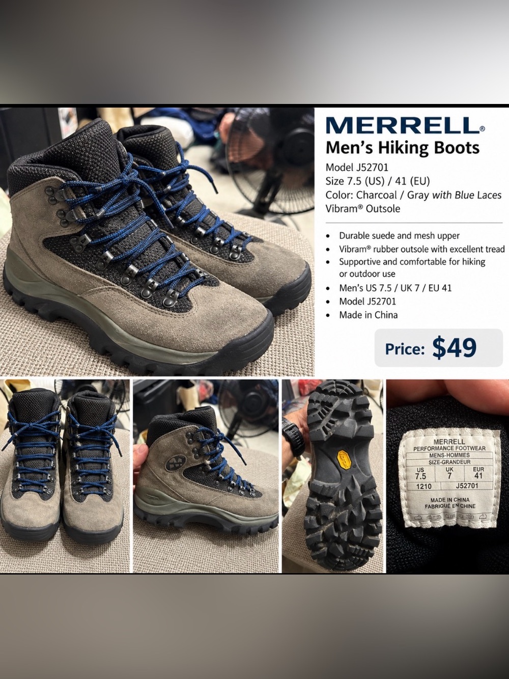 Merrell Men's Charcoal Gray Hiking Boots with Blue Laces $20